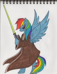 Size: 1696x2200 | Tagged: safe, artist:onixlordofdragons, derpibooru import, rainbow dash, pegasus, pony, bipedal, clothes, hoof hold, jedi, lightsaber, old art, robe, simple background, solo, star wars, traditional art, weapon, white background