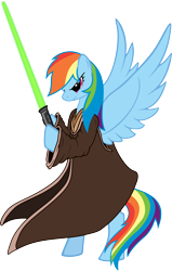 Size: 3827x6000 | Tagged: safe, artist:fabulouspony, artist:onixlordofdragons, derpibooru import, edit, rainbow dash, pegasus, pony, absurd resolution, bipedal, clothes, hoof hold, jedi, lightsaber, old art, robe, simple background, solo, star wars, transparent background, vector, weapon