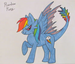 Size: 3595x3068 | Tagged: safe, artist:onixlordofdragons, derpibooru import, rainbow dash, dracony, dragon, hybrid, concave belly, crossover, dragonified, how to train your dragon, hybrid wings, old art, rainbow dragon, rainbow tail, raised hoof, raised leg, simple background, solo, species swap, tail, toothless the dragon, traditional art, white background, wings