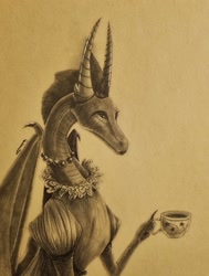 Size: 1436x1900 | Tagged: safe, artist:cahandariella, derpibooru import, smolder, dragon, adult, bust, clothes, cup, dragoness, dress, female, jewelry, makeup, monochrome, newbie artist training grounds, older, pencil drawing, solo, teacup, traditional art