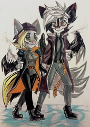 Size: 1522x2160 | Tagged: safe, artist:tlen borowski, derpibooru import, oc, oc only, oc:deka, oc:tlen borowski, anthro, pegasus, beanie, belt, boots, clothes, coat, coffee cup, colored wings, cup, duo, hat, looking at each other, looking at someone, pants, pegasus oc, shoes, smiling, spread wings, steam, sweater, traditional art, two toned coat, two toned mane, two toned wings, walking, wings