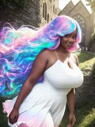 Size: 768x1024 | Tagged: safe, ai content, derpibooru import, machine learning generated, princess celestia, human, au:eqcl, big breasts, breasts, bust, cleavage, clothes, dark skin, huge breasts, humanized, princess breastia, purple eyes, realistic, solo, white dress, windswept hair