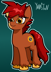 Size: 952x1332 | Tagged: safe, artist:yamston, derpibooru import, oc, oc:kelmoon, earth pony, pony, 2023, birth mark, brown coat, earth pony oc, female, golden eyes, hooves, living the dream, mare, red hair, simple background, solo, spiky mane