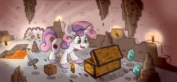 Size: 1998x930 | Tagged: safe, artist:nedemai, derpibooru import, button mash, sweetie belle, pony, unicorn, atg 2023, creeper, gem, lava, minecraft, newbie artist training grounds, solo, sword, the cmc's cutie marks, treasure chest, weapon