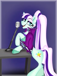 Size: 1111x1481 | Tagged: safe, artist:catanymoon, derpibooru import, coloratura, earth pony, pony, countess coloratura, female, mare, microphone, purple background, simple background, solo, table