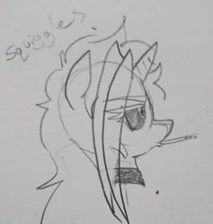 Size: 1994x2103 | Tagged: safe, artist:pony quarantine, derpibooru import, oc, oc only, oc:dyx, alicorn, pony, bust, cigarette, eye clipping through hair, female, filly, foal, gray background, grayscale, monochrome, pencil drawing, profile, simple background, traditional art