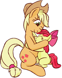 Size: 678x846 | Tagged: safe, artist:xppp1n, derpibooru import, apple bloom, applejack, earth pony, pony, apple sisters, applejack's hat, blank flank, clothes, cowboy hat, duo, duo female, female, filly, foal, hat, hug, mare, pixel art, sibling love, siblings, simple background, sisterly love, sisters, sitting, transparent background