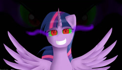 Size: 1280x742 | Tagged: safe, artist:harmonyvsinsanity, derpibooru import, king sombra, twilight sparkle, twilight sparkle (alicorn), alicorn, pony, umbrum, unicorn, black background, corrupted, corrupted twilight sparkle, crying, dark magic, duo, implied king sombra, implied shipping, implied twibra, magic, mind control, possessed, possession, signature, simple background, sombra eyes, spread wings, tears of pain, wings