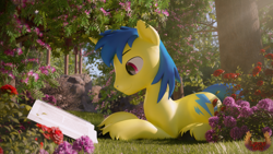 Size: 3840x2160 | Tagged: safe, artist:loveslove, derpibooru import, oc, oc only, oc:flash gordon, pony, unicorn, 3d, book, day, flower, forest, grass, high res, horn, looking at something, male, outdoors, reading, smiling, solo, tree, unicorn oc