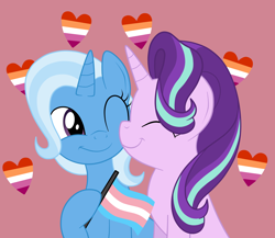 Size: 3000x2609 | Tagged: safe, artist:squipycheetah, derpibooru import, starlight glimmer, trixie, pony, unicorn, cute, eyes closed, female, flag, happy, headcanon, high res, lesbian, lesbian pride flag, mare, nuzzling, one eye closed, pink background, pride, pride flag, shipping, simple background, smiling, startrix, trans trixie, transgender, transgender pride flag
