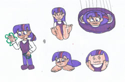 Size: 1280x842 | Tagged: safe, artist:spaton37, derpibooru import, twilight sparkle, human, ball, barefoot, disk, feet, fetish, flattened, foot fetish, foot focus, goombafied, humanized, magic, morph ball, simple background, soles, toes, traditional art, twiball, white background