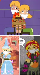 Size: 2178x4035 | Tagged: safe, artist:robukun, derpibooru import, applejack, megan williams, sunset shimmer, human, equestria girls, g1, g4, bondage, bound and gagged, cloth gag, clothes, damsel in distress, dress, ear piercing, flower, flower in hair, froufrou glittery lacy outfit, gag, golden oaks library, hat, hennin, humanized, penny gadget, piercing, princess, princess applejack, tied to chair, tied up