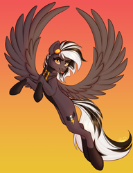 Size: 2564x3333 | Tagged: safe, artist:mxiiisy, derpibooru import, oc, oc only, oc:zephyr corax, oc:zephyrai, pegasus, :p, accessory, bandana, black and white mane, coat markings, flying, full body, golden eyes, gradient background, gray coat, looking at you, socks (coat marking), solo, spread wings, tongue, tongue out, two toned coat, wings