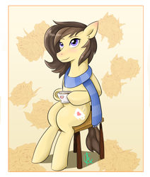 Size: 1986x2341 | Tagged: safe, artist:cynfularts, derpibooru import, oc, oc only, earth pony, pony, art trade, chair, clothes, scarf, simple background, solo, striped scarf