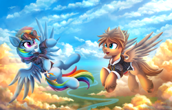 Size: 5000x3201 | Tagged: safe, artist:atlas-66, derpibooru import, rainbow dash, pegasus, pony, clothes, cloud, crossover, flying, goggles, jacket, kingdom hearts, ponified, river, scenery, sky, sora, species swap, water