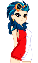 Size: 680x1127 | Tagged: safe, artist:rosemile mulberry, derpibooru import, indigo zap, human, equestria girls, arm behind back, breasts, clothes, ear piercing, earring, female, goggles, jewelry, piercing, sideboob, simple background, sleeveless, solo, updated design, white background
