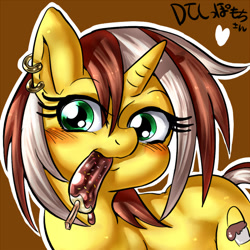 Size: 600x600 | Tagged: safe, artist:nekubi, derpibooru import, oc, oc only, pony, unicorn, blushing, chocolate, ear piercing, food, ice cream, japanese, looking at you, mouth hold, outline, piercing, simple background, solo