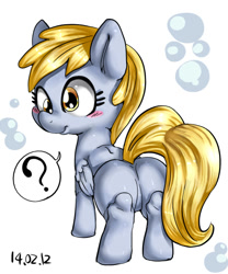 Size: 600x720 | Tagged: safe, artist:nekubi, derpibooru import, derpy hooves, pegasus, pony, bubble butt, butt, female, looking at you, looking back, looking back at you, mare, plot, question mark, simple background, solo, standing, white background