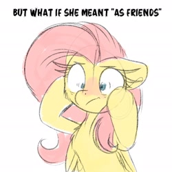 Size: 1925x1926 | Tagged: safe, artist:lbrcloud, derpibooru import, fluttershy, pegasus, pony, anxious, female, frown, mare, shrunken pupils, simple background, solo, text, white background