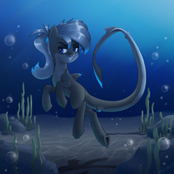 Size: 2160x2160 | Tagged: safe, artist:twigpaste, derpibooru import, oc, oc only, oc:lacera viscera, original species, pony, shark, shark pony, blue eyes, blue mane, bubble, crepuscular rays, digital art, dorsal fin, fangs, female, fin, fish tail, flowing mane, flowing tail, gills, glowing, grin, high res, lidded eyes, mare, ocean, ponytail, rock, seaweed, smiling, solo, sunlight, swimming, tail, teeth, underwater, water