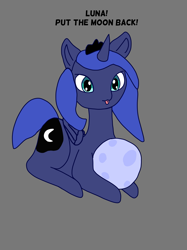 Size: 2031x2720 | Tagged: safe, artist:lilac_fox7510, derpibooru import, princess luna, alicorn, pony, :p, gray background, moon, simple background, solo, tangible heavenly object, text, tongue, tongue out