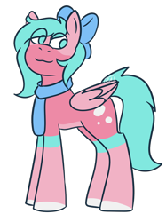 Size: 1004x1341 | Tagged: safe, artist:emmettsmith76, derpibooru import, oc, oc only, oc:nano(nanopone), pegasus, pony, :3, bow, clothes, eye clipping through hair, female, hair bow, scarf, side view, simple background, smiling, solo, standing, transgender, transparent background, wings