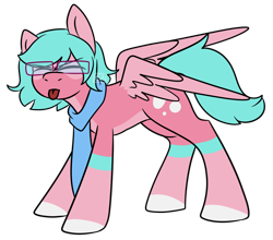 Size: 1326x1168 | Tagged: safe, artist:emmettsmith76, derpibooru import, oc, oc only, oc:nano(nanopone), pegasus, pony, :p, ><, clothes, eyes closed, female, glasses, scarf, simple background, solo, spread wings, tongue, tongue out, transgender, transparent background, wings