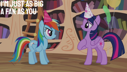 Size: 2000x1125 | Tagged: safe, derpibooru import, edit, edited screencap, editor:quoterific, screencap, rainbow dash, twilight sparkle, twilight sparkle (alicorn), alicorn, daring don't, balloon, golden oaks library, hat, liar, party hat, twibitch sparkle