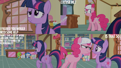 Size: 2000x1125 | Tagged: safe, derpibooru import, edit, edited screencap, editor:quoterific, screencap, pinkie pie, twilight sparkle, unicorn twilight, unicorn, baby cakes, sugarcube corner