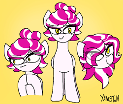 Size: 903x771 | Tagged: safe, artist:yamston, derpibooru import, oc, oc only, oc:starlight(ltd), pegasus, pony, 2023, female, golden eyes, hair bun, living the dream, mare, pegasus oc, pink mane, simple background, solo, two toned mane, white coat, yellow background