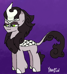 Size: 754x836 | Tagged: safe, artist:yamston, derpibooru import, oc, oc:floria fiet, kirin, 2023, black mane, female, gray coat, green eyes, kirin oc, living the dream, mare, purple background, simple background, solo