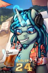 Size: 2000x3000 | Tagged: safe, artist:jedayskayvoker, derpibooru import, oc, oc only, unicorn, alcohol, beach, beer, birthday, chest fluff, clothes, dreadlocks, eyebrows, facial hair, goatee, happy, hawaiian shirt, headphones, horn, looking at you, magic, magic aura, male, shirt, smiling, smiling at you, solo, stallion, sunglasses, telekinesis, unicorn oc, unnamed oc