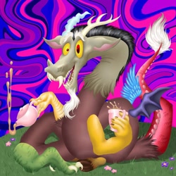 Size: 1788x1788 | Tagged: safe, artist:goreharvest, derpibooru import, discord, draconequus, abstract background, antlers, crazy eyes, floating, flower, grass, horn, spread wings, tea party, teapot, the discord zone, wacky, wings