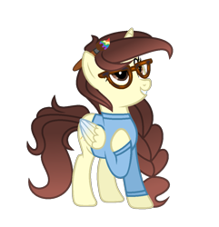 Size: 1013x1049 | Tagged: safe, artist:darbypop1, derpibooru import, oc, oc:darby, alicorn, pony, atg 2023, clothes, female, glasses, mare, newbie artist training grounds, paintbrush, shirt, simple background, solo, transparent background