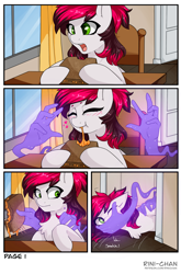 Size: 2480x3758 | Tagged: safe, artist:rinikka, derpibooru import, oc, oc:siren, pegasus, pony, comic:hands on, bread, chest fluff, female, food, hand, heart, hooves behind back, magic, magic hands, mare, solo