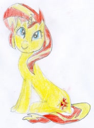 Size: 1454x1972 | Tagged: safe, artist:dounet, derpibooru import, sunset shimmer, pony, unicorn, equestria girls 10th anniversary, equestria girls, colored pencil drawing, cute, sitting, smiling, solo, traditional art