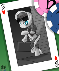 Size: 2500x3000 | Tagged: safe, artist:notadeliciouspotato, derpibooru import, bon bon, sweetie drops, earth pony, pony, atg 2023, bipedal, briefcase, female, gradient background, mare, newbie artist training grounds, playing card, secret agent sweetie drops, solo, watch