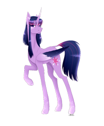 Size: 812x984 | Tagged: safe, artist:kit-sie, derpibooru import, twilight sparkle, twilight sparkle (alicorn), alicorn, pony, alternate hairstyle, coat markings, colored wings, constellation, curved horn, ear fluff, ears, female, gradient mane, gradient tail, head turn, hooves, horn, long legs, looking forward, loose hair, mare, raised hoof, raised leg, redesign, signature, simple background, slim, solo, standing, starry wings, sternocleidomastoid, tail, tall, thin, transparent background, two toned wings, wings