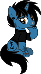 Size: 805x1467 | Tagged: safe, artist:lightningbolt, derpibooru exclusive, derpibooru import, pony, unicorn, .svg available, clothes, ear piercing, frank iero, gauges, horn, horn piercing, lidded eyes, lip piercing, looking at you, male, my chemical romance, nose piercing, piercing, ponified, raised hoof, raised leg, shirt, show accurate, simple background, sitting, solo, species swap, stallion, svg, t-shirt, tattoo, transparent background, vector