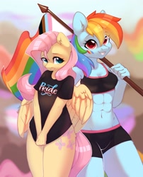 Size: 1657x2048 | Tagged: safe, artist:alphadesu, derpibooru import, fluttershy, rainbow dash, anthro, pegasus, abs, belly, breasts, cleavage, clothes, duo, female, flag, flutterdash, lesbian, looking at you, pansexual pride flag, pride, pride flag, pride month, shipping, shirt, smiling, transgender pride flag