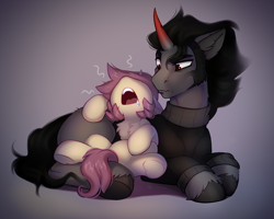 Size: 2868x2300 | Tagged: safe, artist:taneysha, derpibooru import, king sombra, oc, oc:lavrushka, pony, unicorn, canon x oc, clothes, duo, female, male, mare, simple background, sleeping, snoring, stallion, sweater