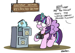 Size: 2328x1639 | Tagged: safe, artist:bobthedalek, derpibooru import, starlight glimmer, pony, unicorn, alternate hairstyle, atg 2023, camera, canterlot archives, caught, disguise, fake wings, female, file, file cabinet, glowing, glowing horn, gritted teeth, horn, mare, nervous sweat, newbie artist training grounds, not twilight sparkle, offscreen character, paper-thin disguise, sign, solo, sweat, sweatdrops, teeth
