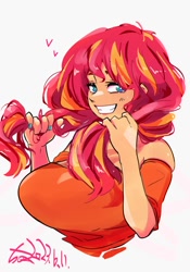Size: 1400x2000 | Tagged: safe, artist:sozglitch, derpibooru import, sunset shimmer, human, bare shoulders, big breasts, breasts, female, floating heart, grin, hair pulling, heart, huge breasts, humanized, looking at you, nail polish, signature, simple background, smiling, smiling at you, solo, sunset jiggler, white background