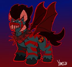 Size: 960x900 | Tagged: safe, artist:yamston, derpibooru import, oc, oc only, oc:jun, demon, demon pony, pony, fanfic:living the dream, antagonist, collar, gradient background, horns, horse collar, male, membranous wings, muscles, pentagram, red stripes, sharp teeth, solo, spiked collar, stallion, stripes, teeth, wings