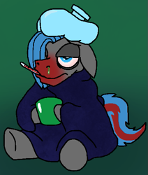 Size: 467x552 | Tagged: safe, artist:yamston, derpibooru import, oc, oc only, oc:mark greenfield, pony, fanfic:living the dream, 2022, blanket, blue mane, cup, gradient background, gray coat, green background, sick, simple background, sitting, snot, solo, thermometer