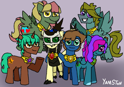 Size: 971x680 | Tagged: safe, artist:yamston, derpibooru import, oc, oc only, oc:dude(ltd), oc:flippy dew, oc:nightstreak(ltd), oc:roxxy bleak, oc:shayla beltosh, oc:summer breeze(ltd), hybrid, pegasus, pony, unicorn, fanfic:living the dream, blue coat, brown coat, brown mane, cutie mark, ear piercing, element of generosity, element of honesty, element of kindness, element of laughter, element of loyalty, element of magic, elements of harmony, female, gray background, green eyes, group, group photo, horn, hug, hybrid oc, male, mare, pegasus oc, phantasm troupe, piercing, ponytail, simple background, stallion, tail, two toned mane, unicorn oc