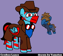 Size: 589x524 | Tagged: safe, artist:yamston, derpibooru import, oc, oc:lance greenfield, oc:scamp, pegasus, pony, zebra, fanfic:living the dream, 2022, black mane, blue coat, brown mane, cowboy hat, duo, female, goggles, hat, male, mare, purple eyes, red eyes, simple background, slit eyes, stallion, zebra oc, zebrasus