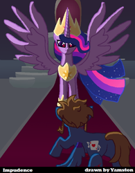 Size: 630x807 | Tagged: safe, artist:yamston, derpibooru import, twilight sparkle, twilight sparkle (alicorn), oc, oc:scamp, alicorn, pegasus, pony, fanfic:living the dream, 2022, brown mane, bruised, crown, cutie mark, duo, fight, glowing, glowing eyes, jewelry, ominous, purple coat, queen twilight, regalia, throne room