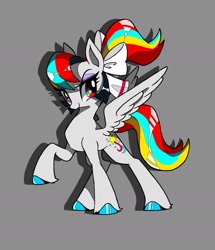 Size: 1500x1748 | Tagged: safe, artist:stacy_165cut, derpibooru import, oc, oc only, pony, bow, gray background, hair bow, looking at you, raised hoof, raised leg, simple background, smiling, solo, spread wings, unshorn fetlocks, wings