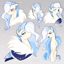 Size: 2500x2500 | Tagged: safe, artist:syrupyyy, derpibooru import, oc, oc only, oc:florid frost, pegasus, pony, blushing, bust, cloak, clothes, ears, eyes closed, eyeshadow, floppy ears, gradient background, hair over one eye, lidded eyes, makeup, male, open mouth, solo, stallion